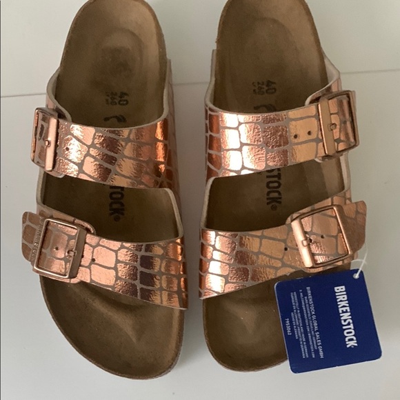 Birkenstock Arizona Gator Glam Metallic Bronze Sandals - Picture 1 of 6
